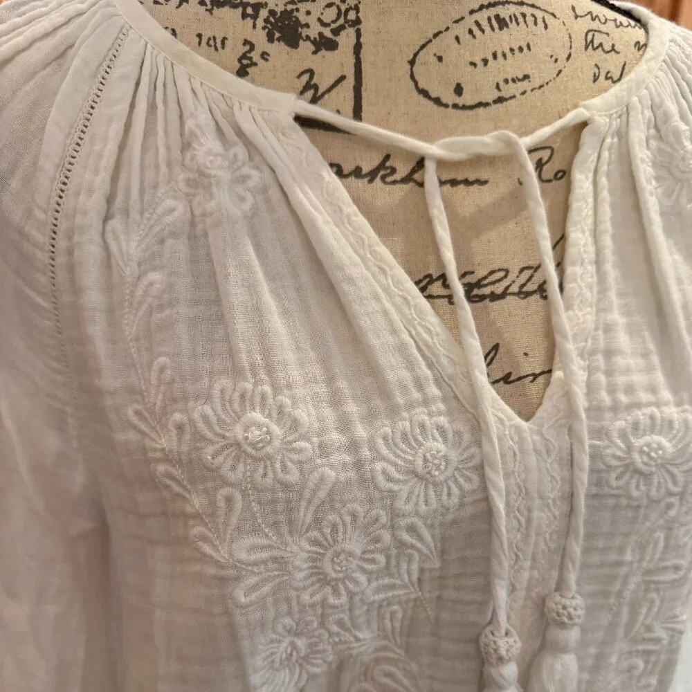 FAHERTY Cotton Gauze Blossom Embroidered Tassels 3/4 Sleeves Peasant Top - Picture 4 of 5